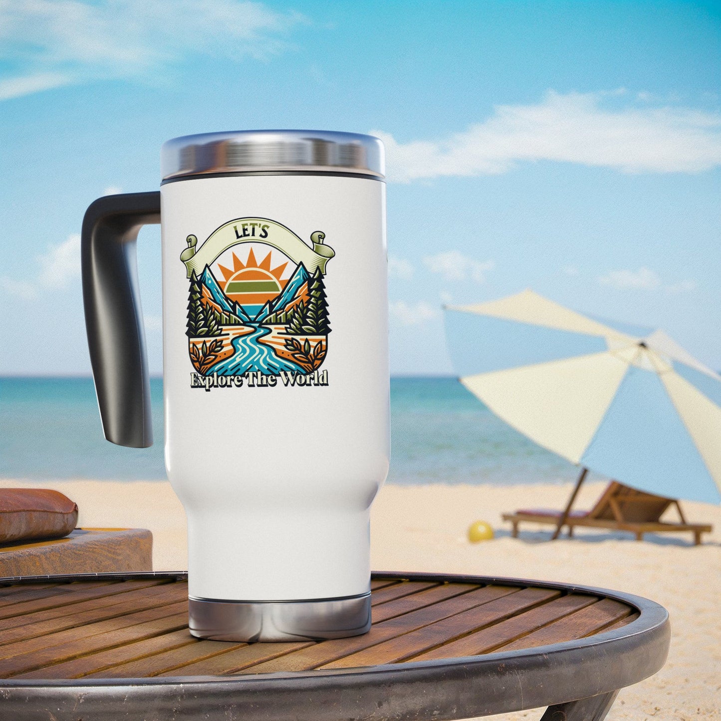 Let's Explore the World - Steel Travel Mug with Handle, 14oz