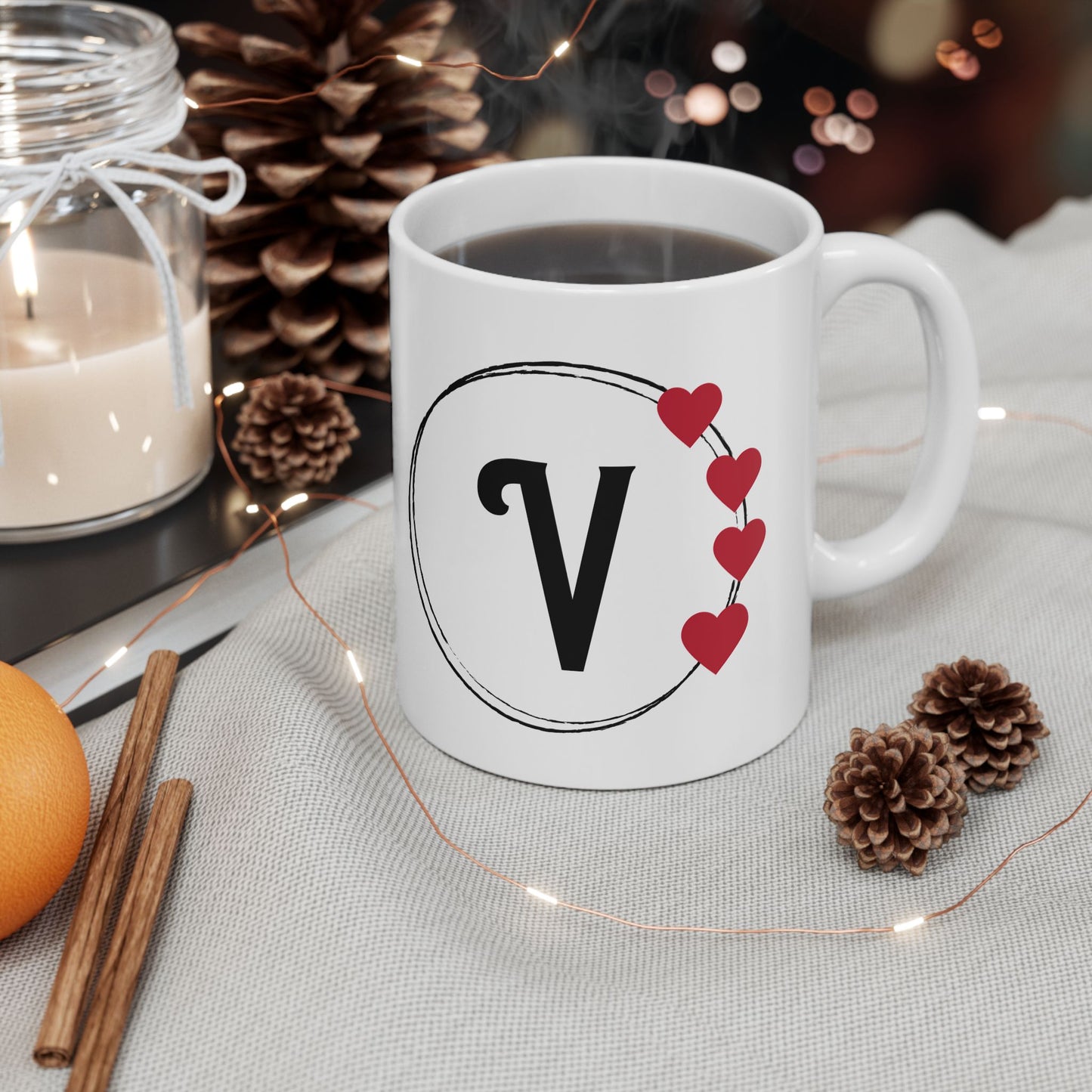 Letter "V" Monogram Heart Design Coffee Mug