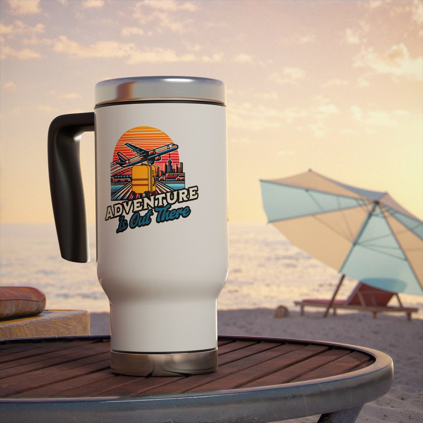 Adventure is Out There - Stainless Steel Travel Mug with Handle, 14oz