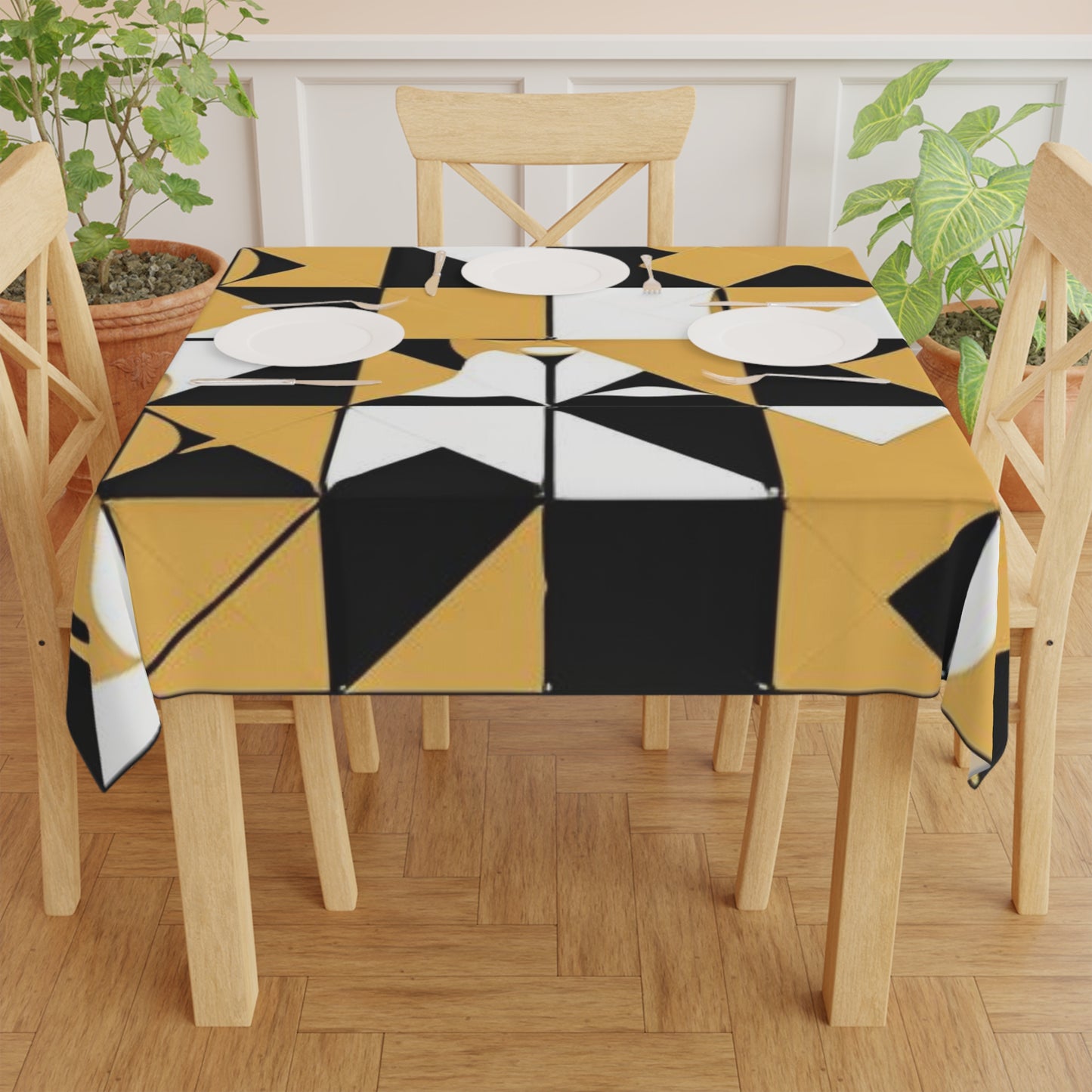 Black Gold and White Geometric Pattern Tablecloth