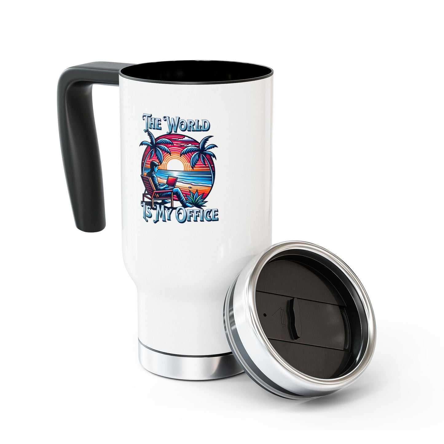 The World Is My Office - Stainless Steel Travel Mug with Handle, 14oz