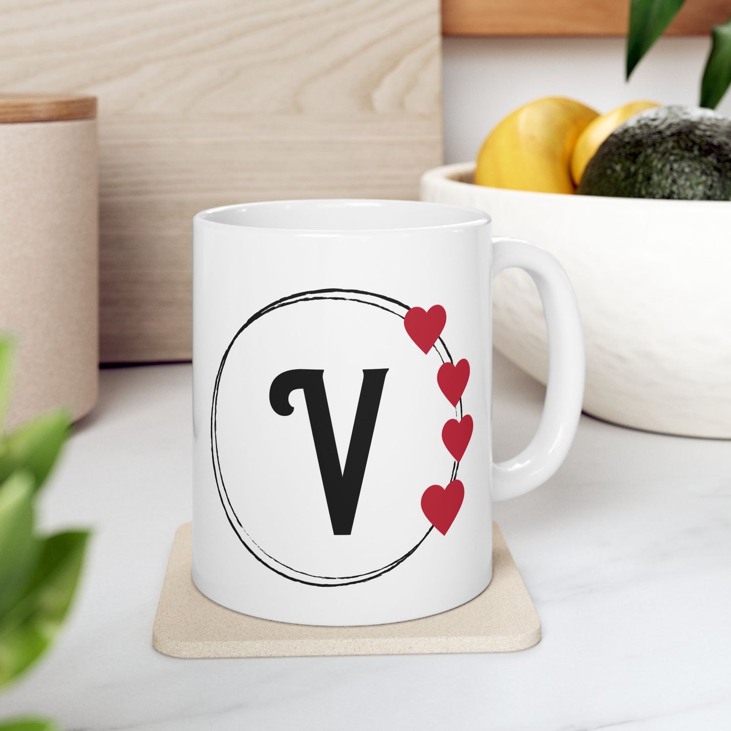 Letter "V" Monogram Heart Design Coffee Mug
