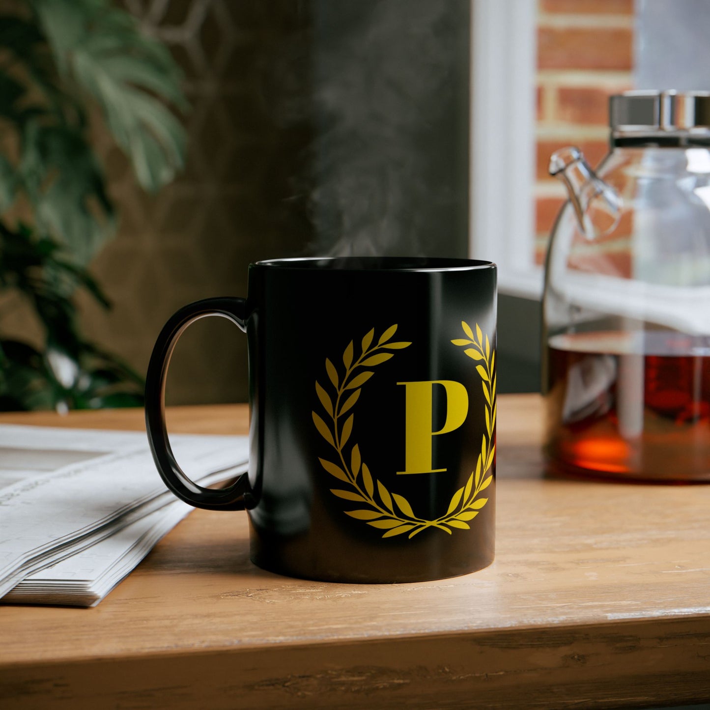 Elegant Letter "P" Laurel Monogram Black Coffee Mug