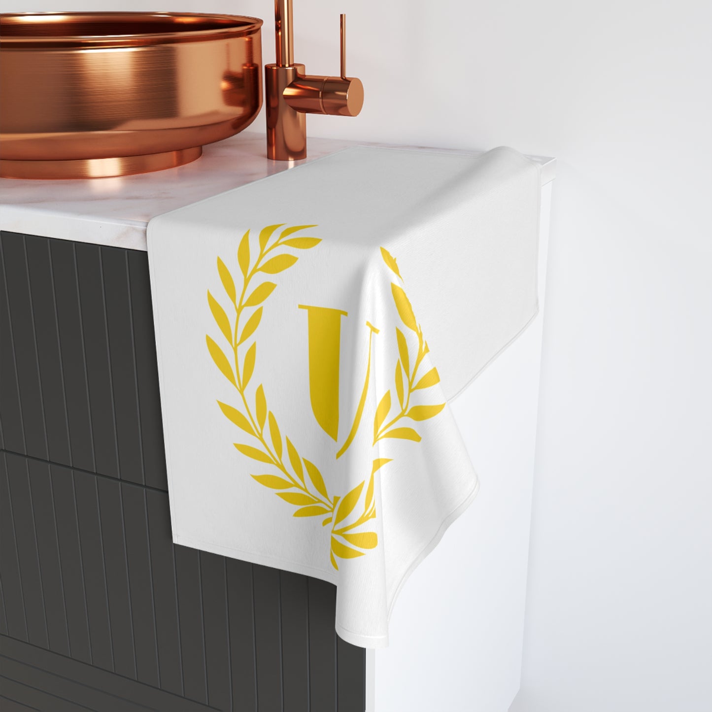 Elegant letter "U" Gold Laurel Monogram White Hand Towel