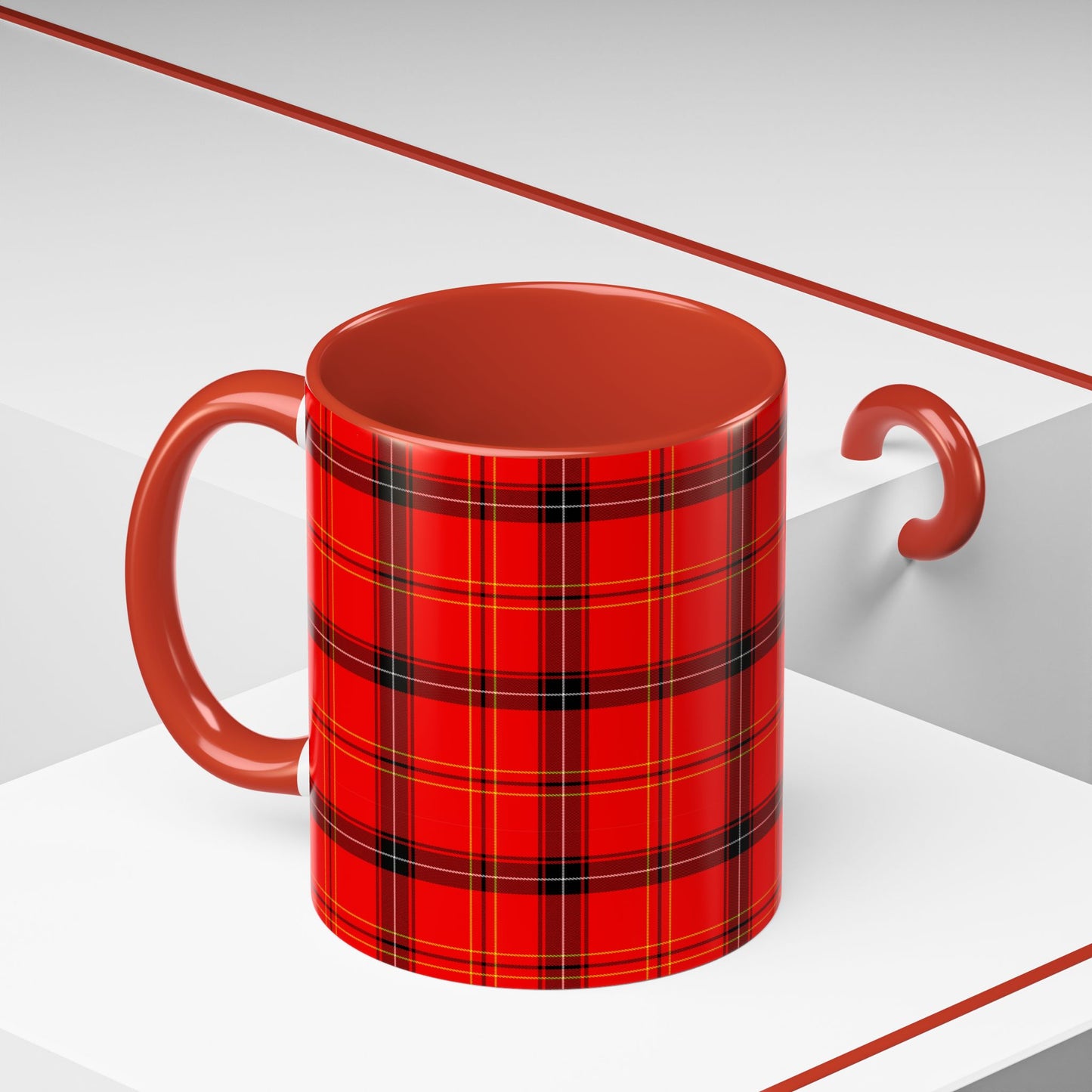Red Plaid Pattern Accent Coffee Mug (11, 15oz)