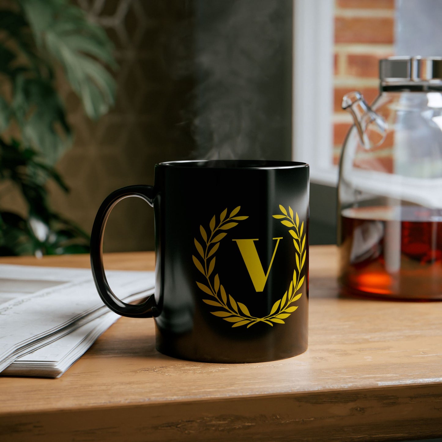 Elegant Letter "V" Laurel Monogram Black Coffee Mug