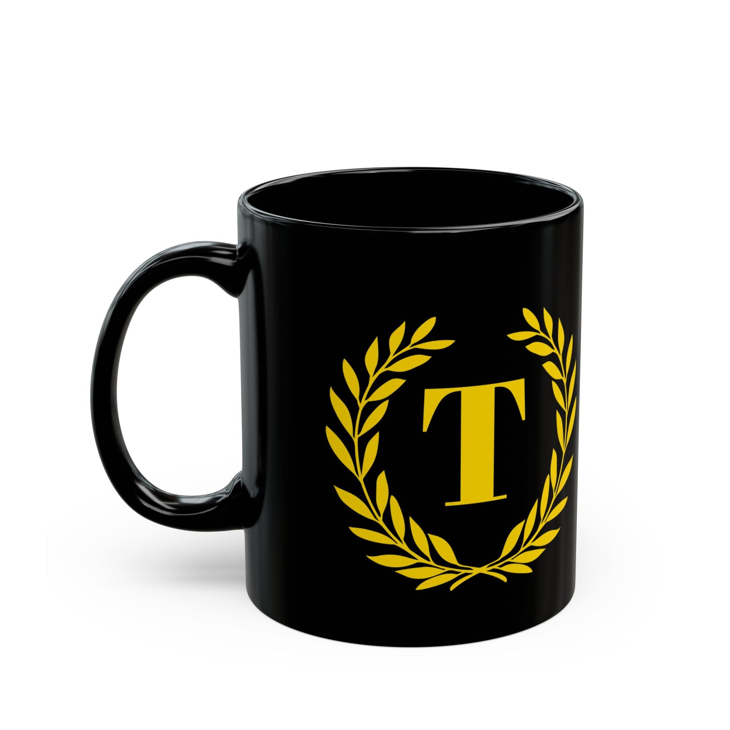 Elegant Letter "T" Laurel Monogram Black Coffee Mug