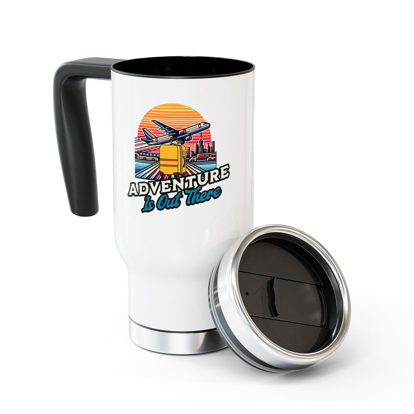 Adventure is Out There - Stainless Steel Travel Mug with Handle, 14oz