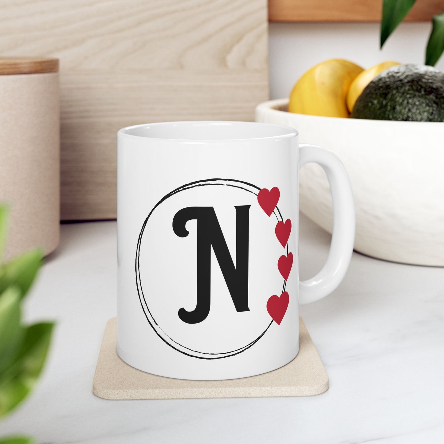 Letter "N" Monogram Heart Design Coffee Mug