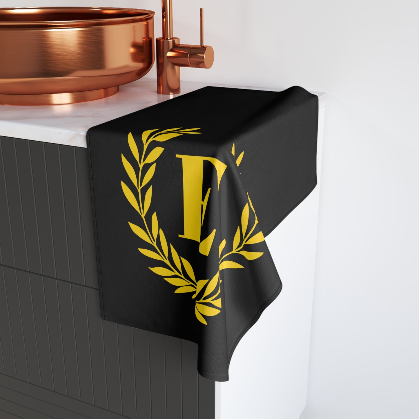Elegant letter "E" Gold Laurel Monogram Hand Towel
