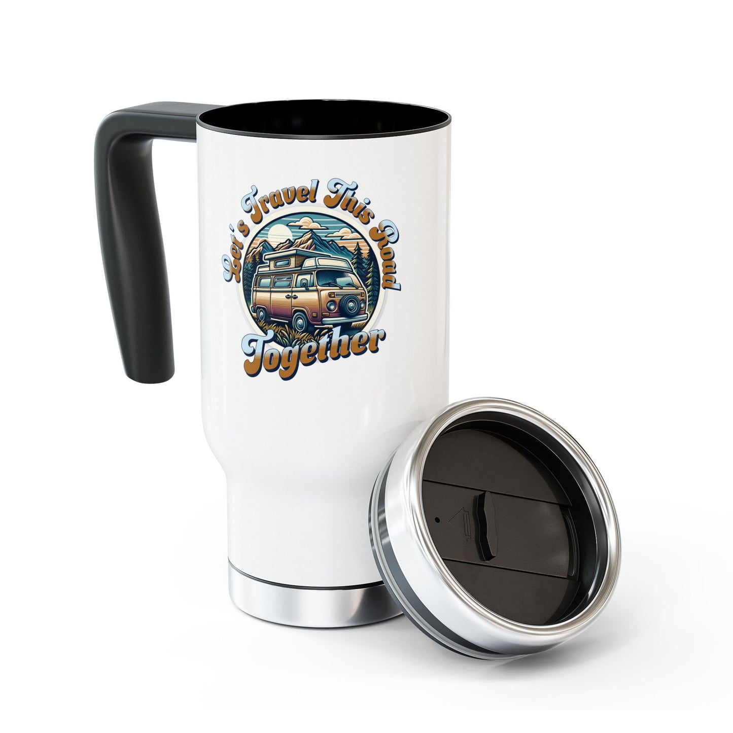 Let's Travel this Road Together- Romantic Stainless Steel Travel Mug with Handle, 14oz