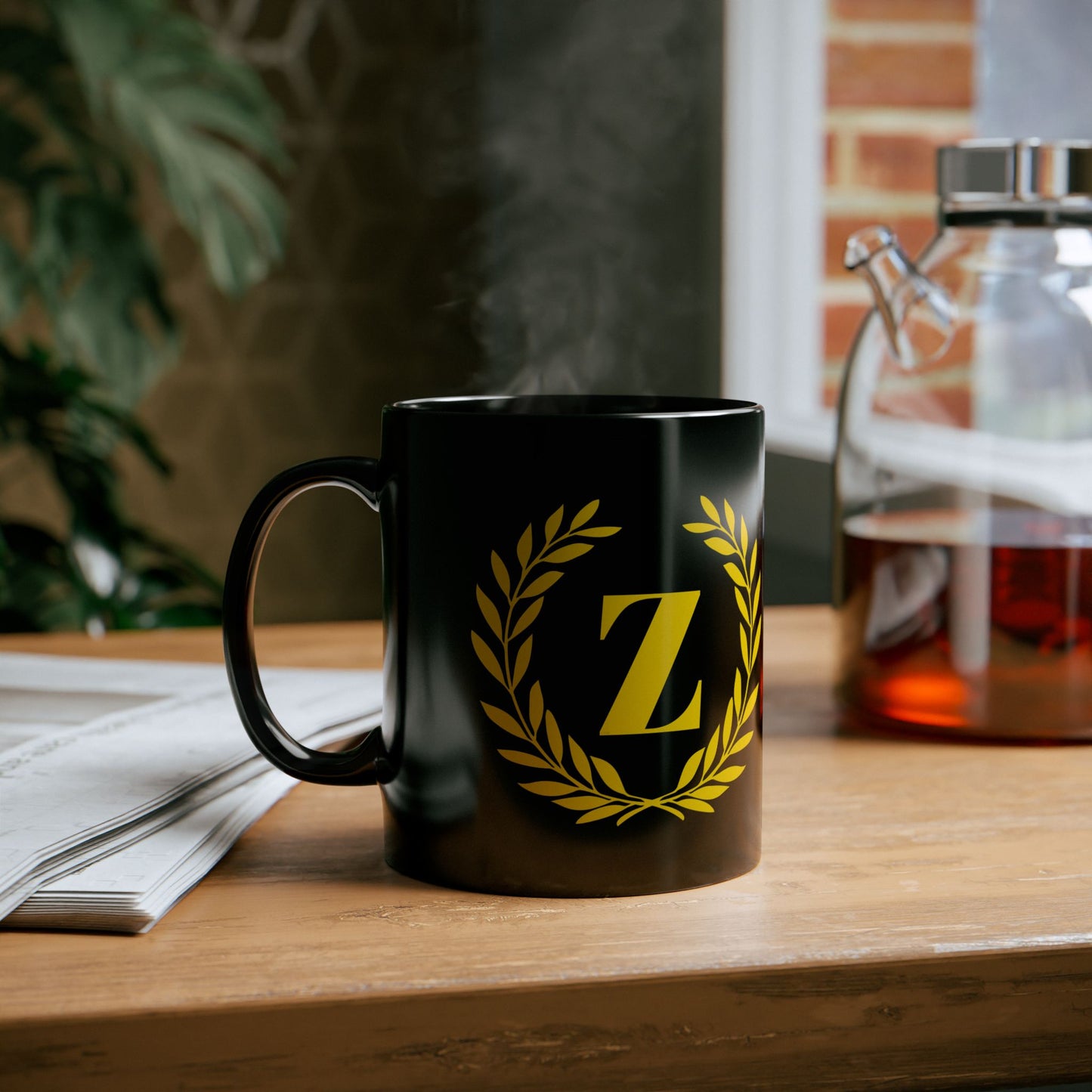 Elegant Letter "Z" Laurel Monogram Black Coffee Mug