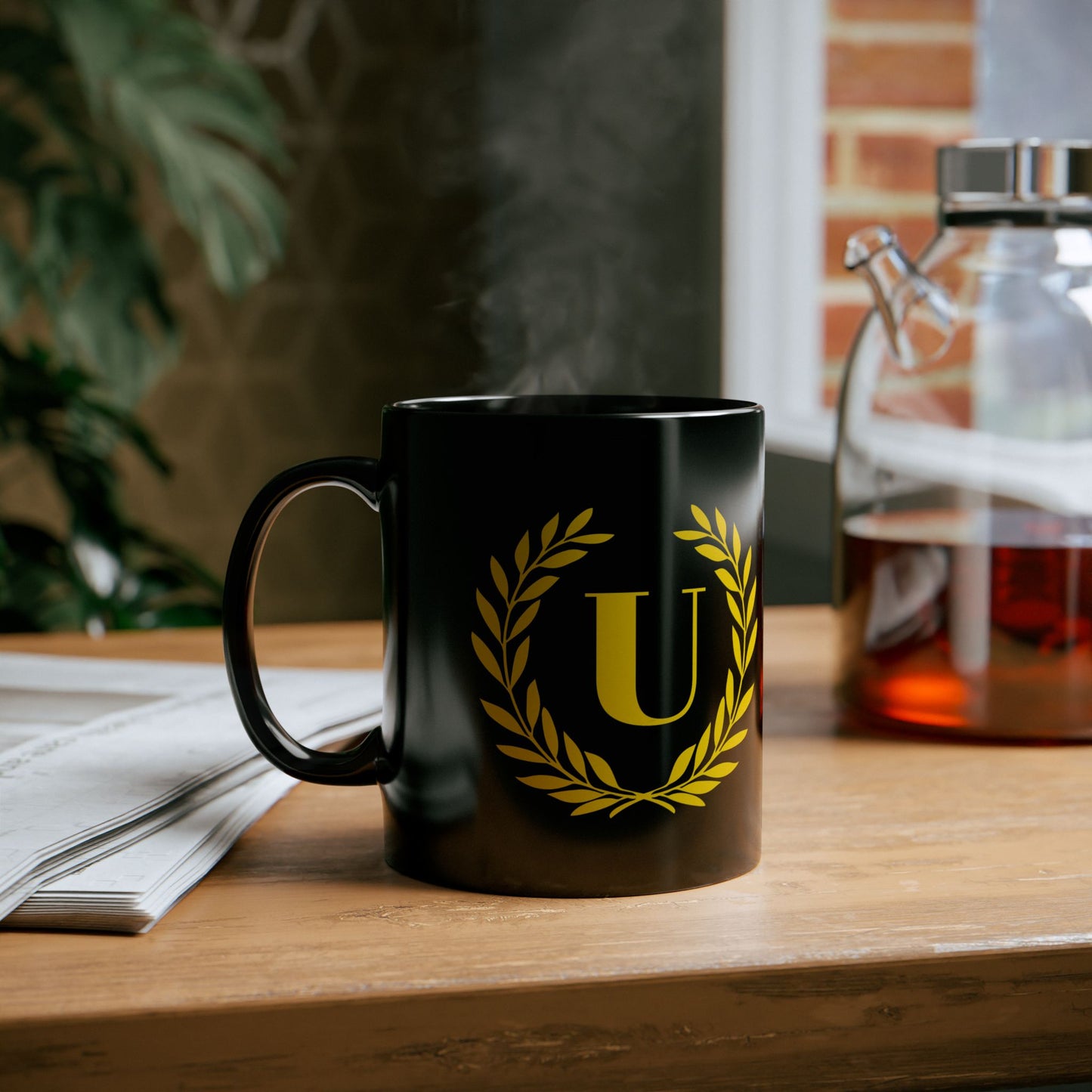 Elegant Letter "U" Laurel Monogram Black Coffee Mug