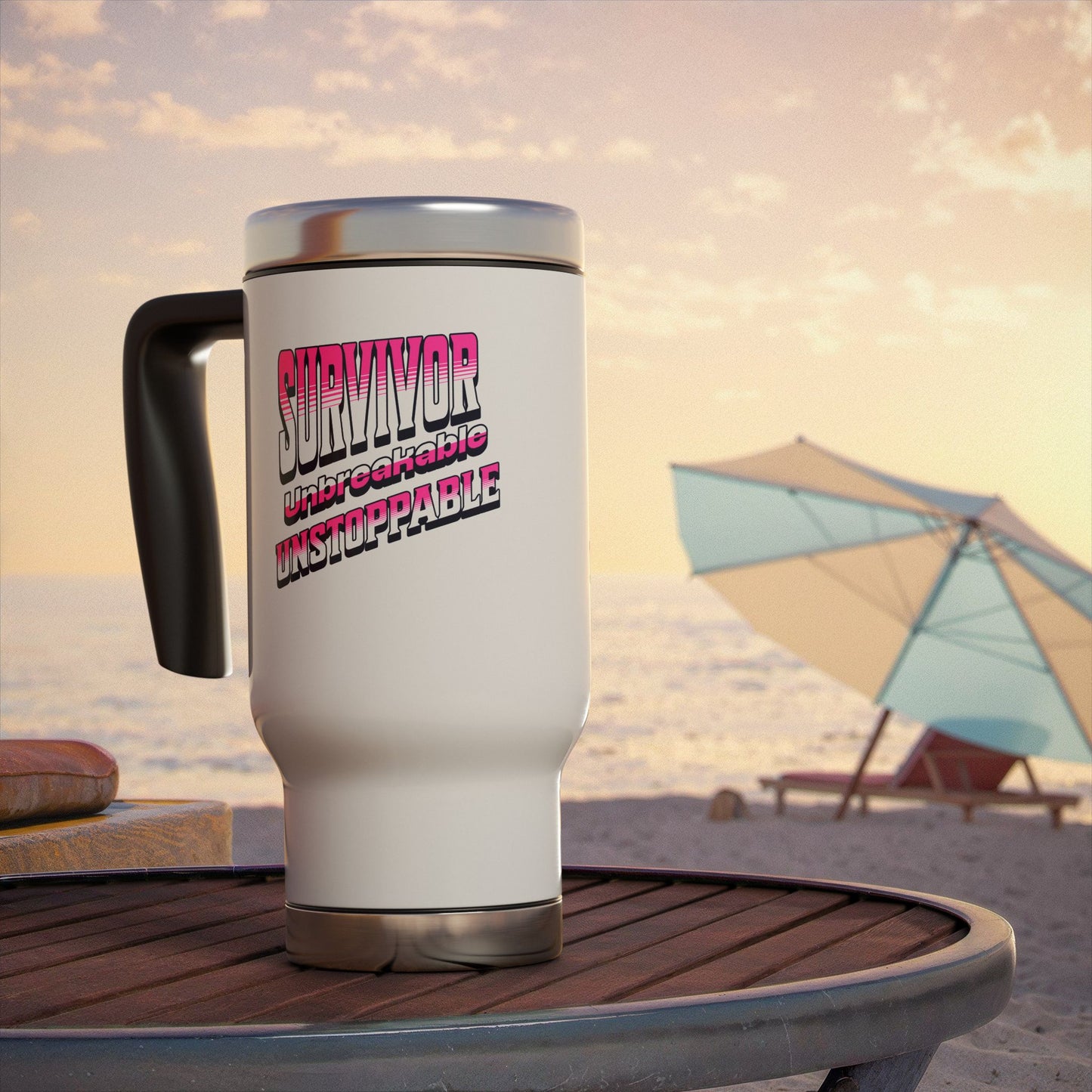 Survivor; Unbreakable, Unstoppable - Breast Cancer Survivor Stainless Steel Travel Mug with Handle, 14oz