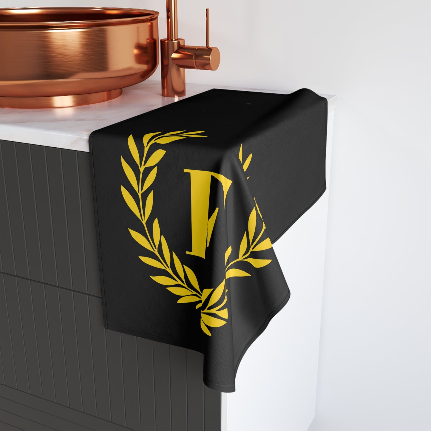 Elegant letter "F" Gold Laurel Monogram Hand Towel