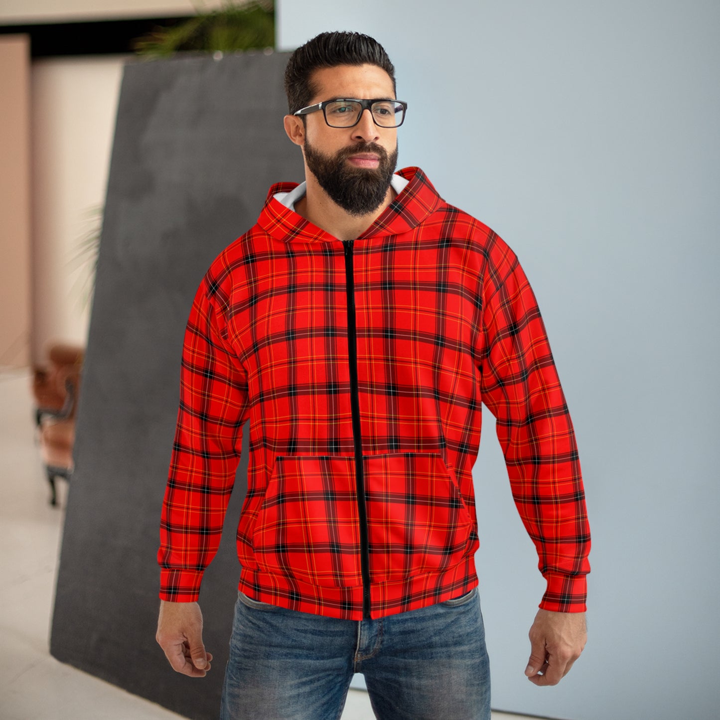 Red Plaid Pattern Unisex Zip Hoodie (AOP)