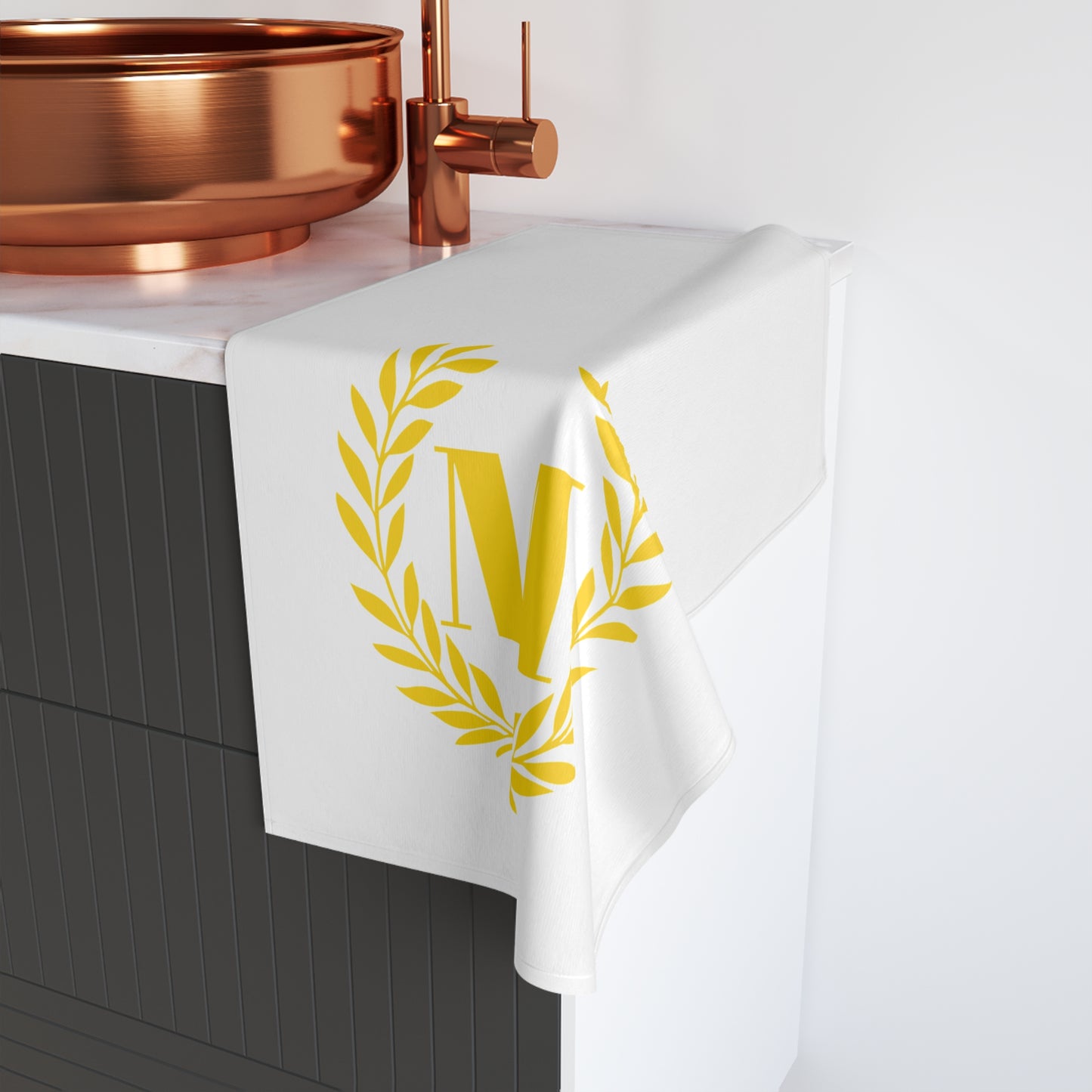 Elegant letter "M" Gold Laurel Monogram White Hand Towel