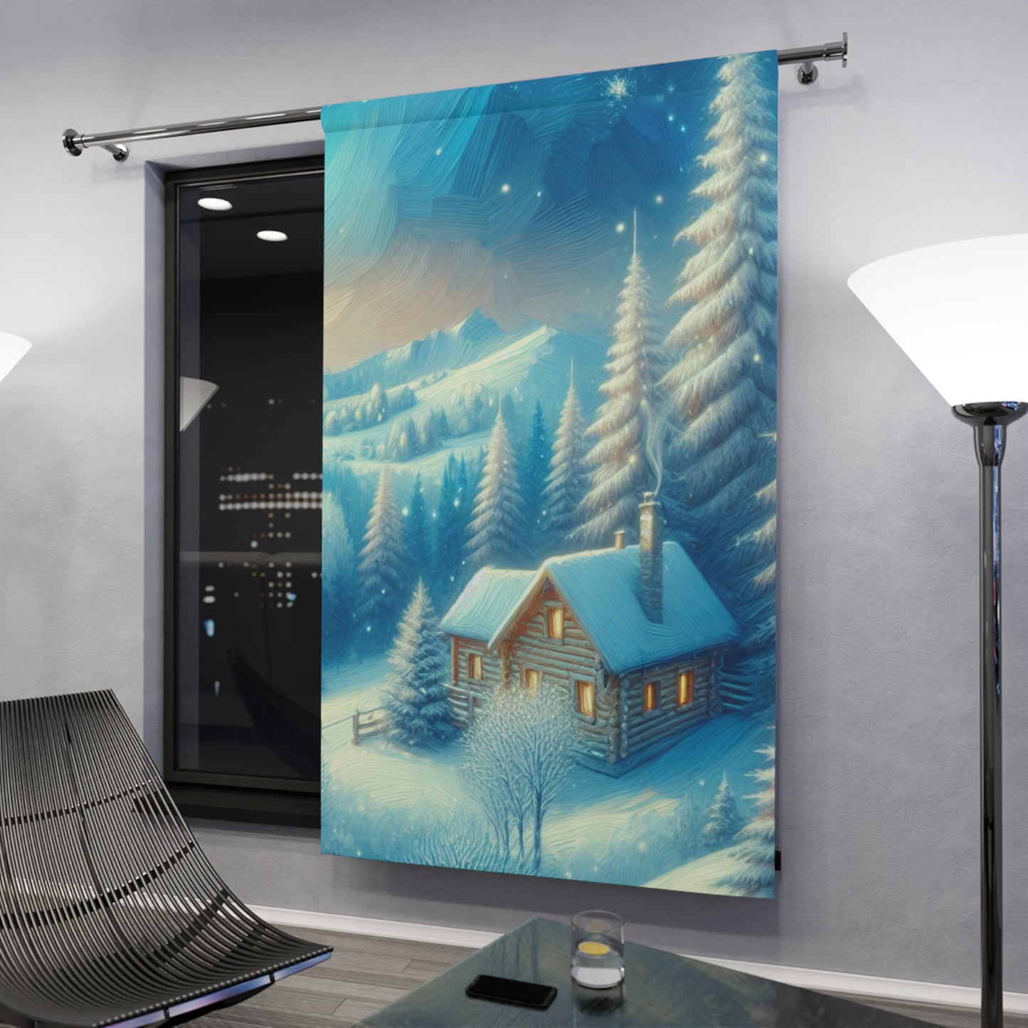 Magical Winter Forest Cabin Scene Window Curtains