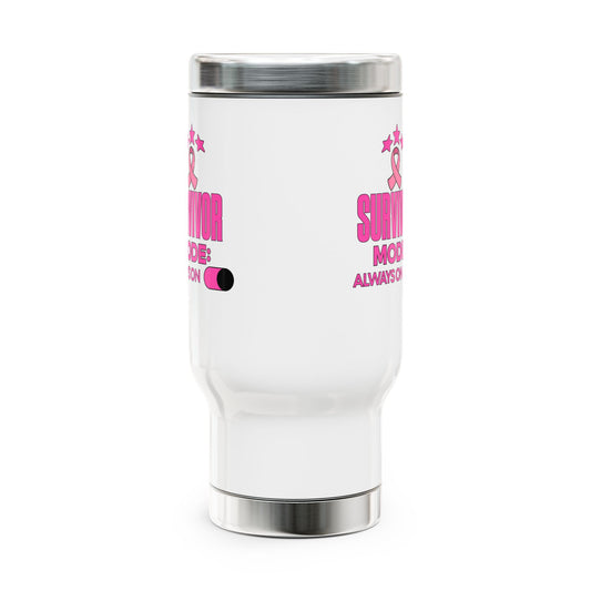 Survivor Mode: Always On - Breast Cancer Survivor Stainless Steel Travel Mug with Handle, 14oz