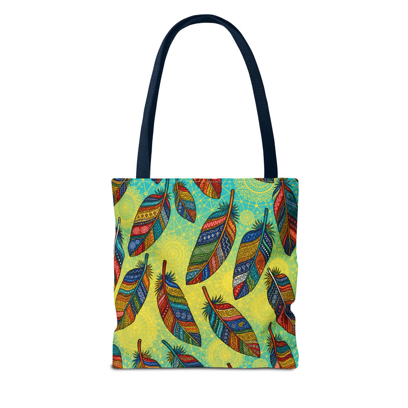 Boho Feather Pattern Tote Bag – Colorful Tribal Feathers All-Over Print