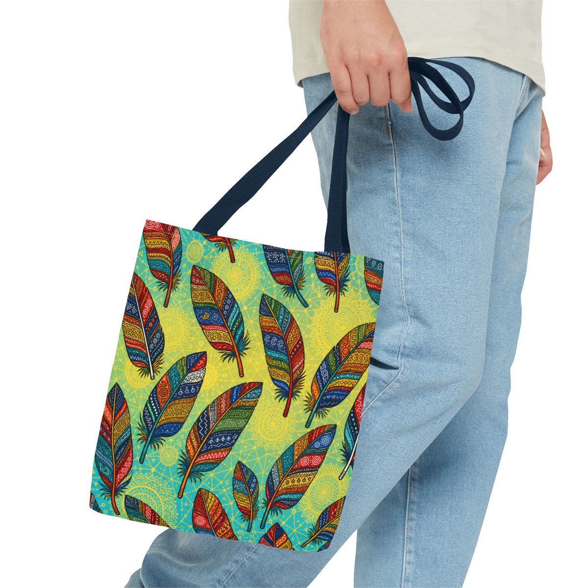 Boho Feather Pattern Tote Bag – Colorful Tribal Feathers All-Over Print