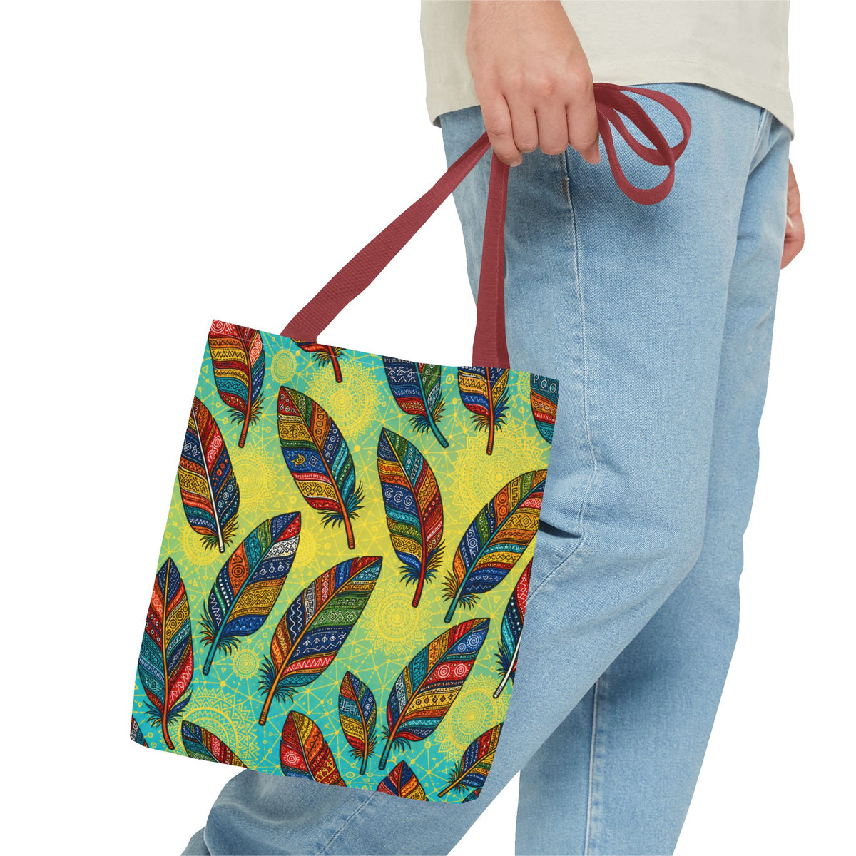 Boho Feather Pattern Tote Bag – Colorful Tribal Feathers All-Over Print