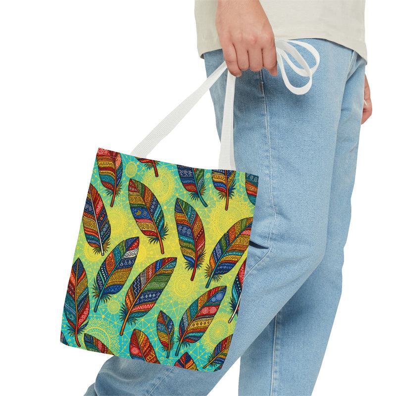 Boho Feather Pattern Tote Bag – Colorful Tribal Feathers All-Over Print