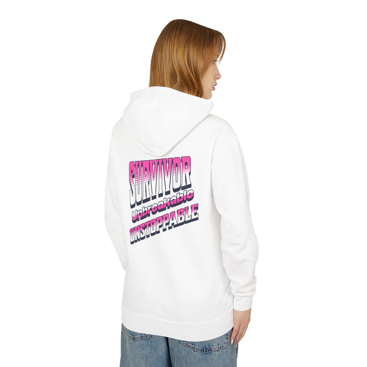 Survivor, Unbreakable, Unstoppable - Breast Cancer Survivor Lightweight Hooded Sweatshirt