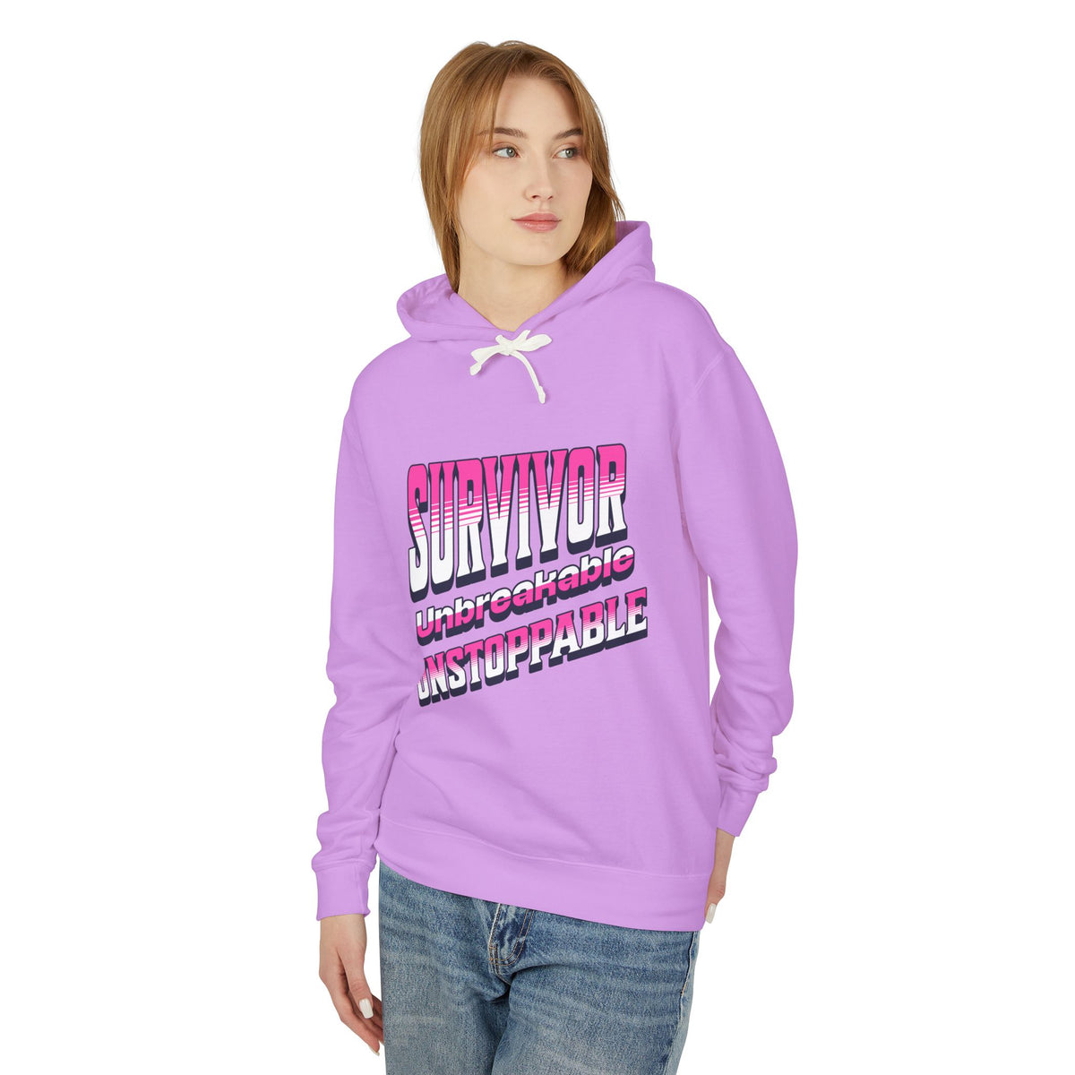 Survivor, Unbreakable, Unstoppable - Breast Cancer Survivor Lightweight Hooded Sweatshirt