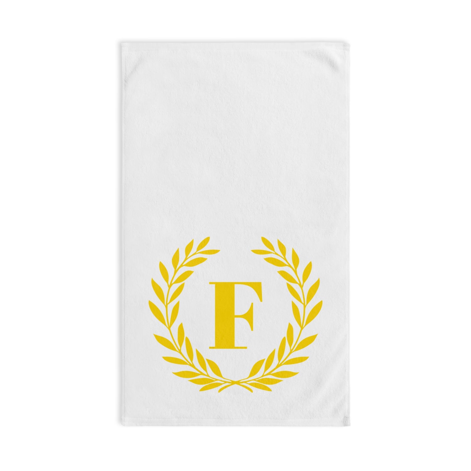 Elegant letter "F" Gold Laurel Monogram White Hand Towel