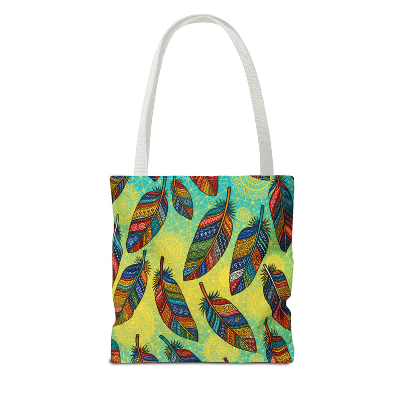 Boho Feather Pattern Tote Bag – Colorful Tribal Feathers All-Over Print