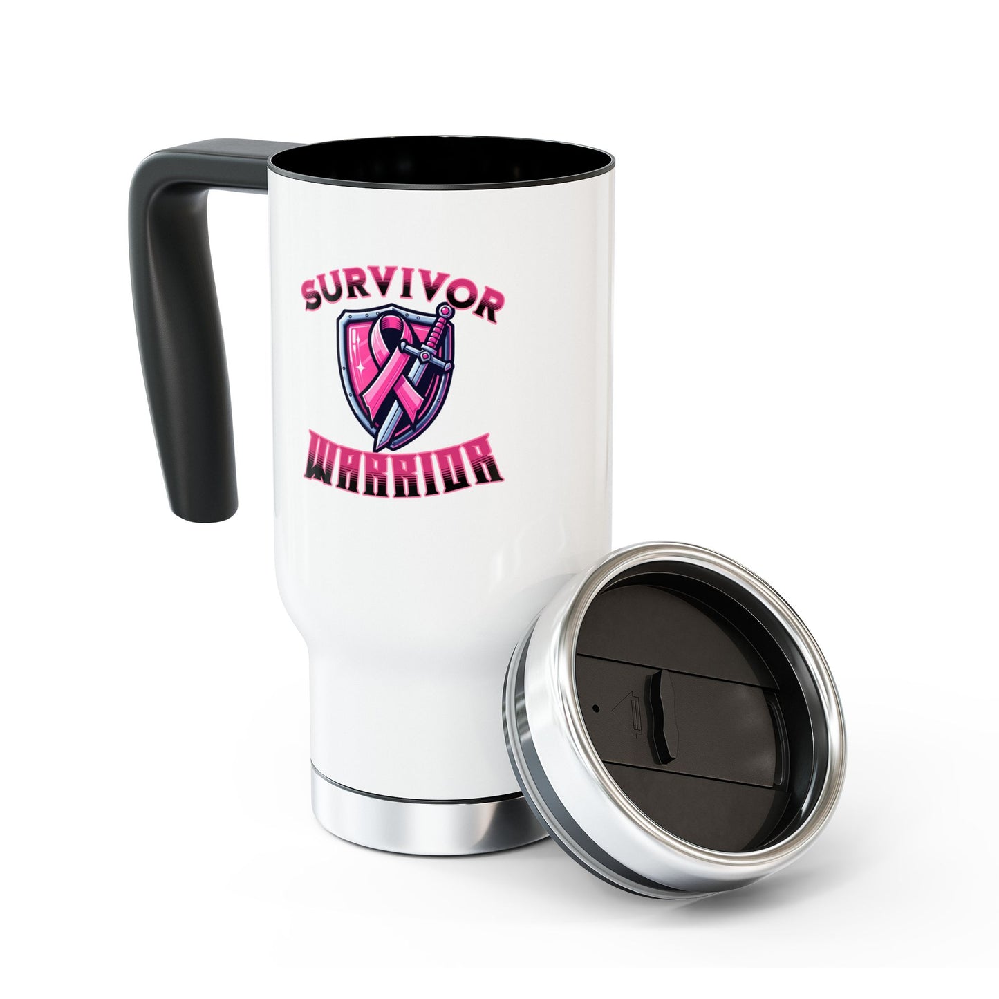 Survivor Warrior Breast Cancer Survivor Stainless Steel Travel Mug with Handle, 14oz