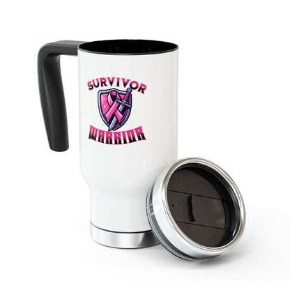 Survivor Warrior Breast Cancer Survivor Stainless Steel Travel Mug with Handle, 14oz