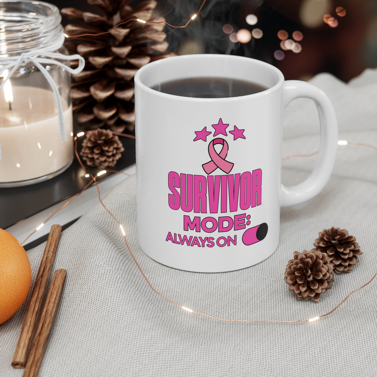 Survivor Mode Mug — Pink Ribbon Breast Cancer Awareness 11oz