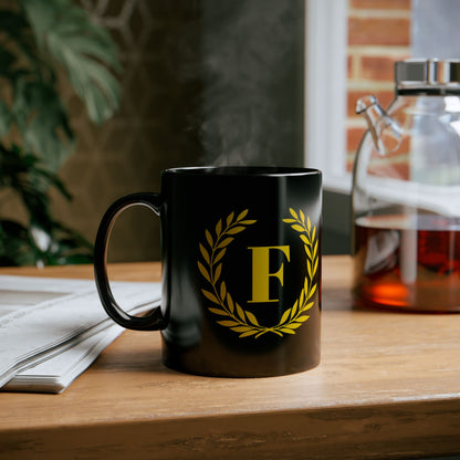 Elegant Letter "F" Laurel Monogram Black Coffee Mug
