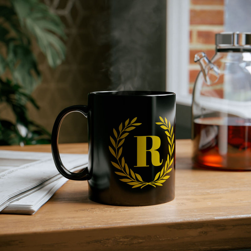 Elegant Letter "R" Laurel Monogram Black Coffee Mug