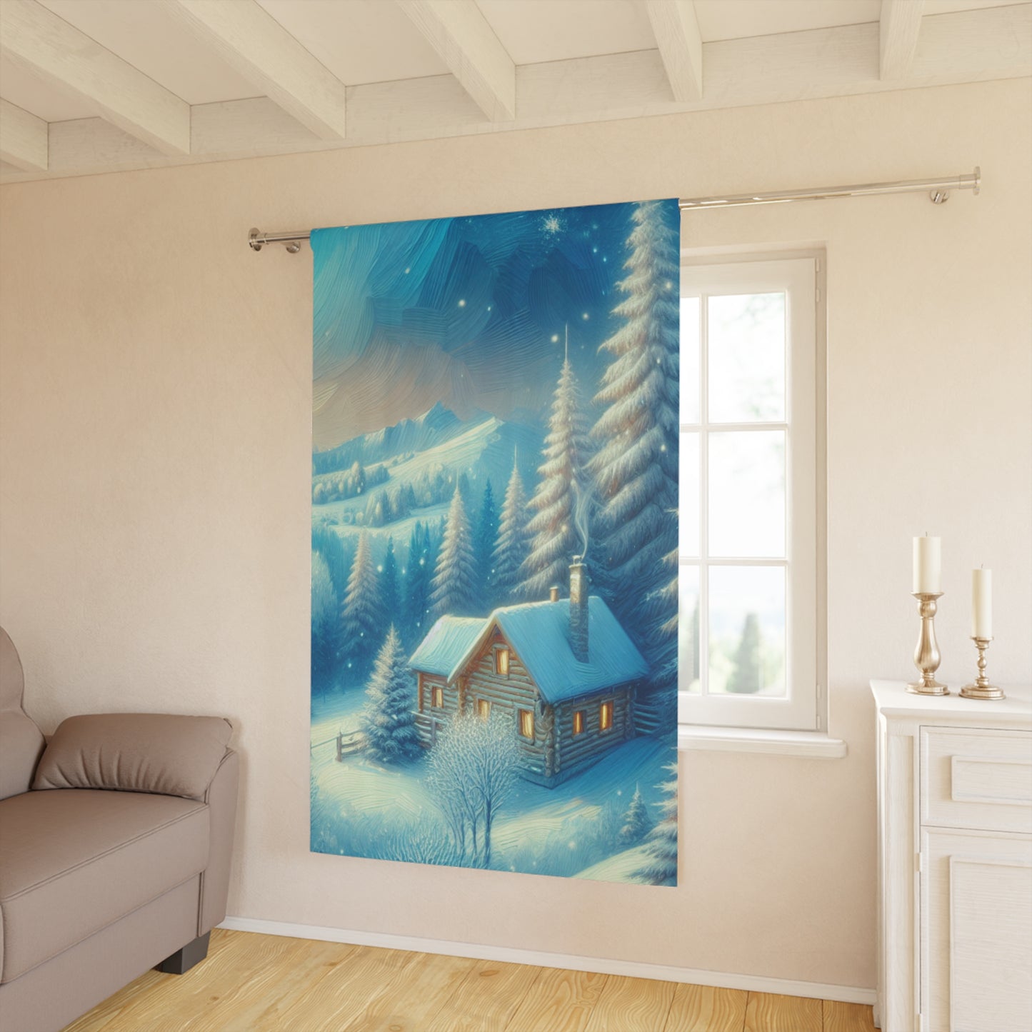 Magical Winter Forest Cabin Scene Window Curtains