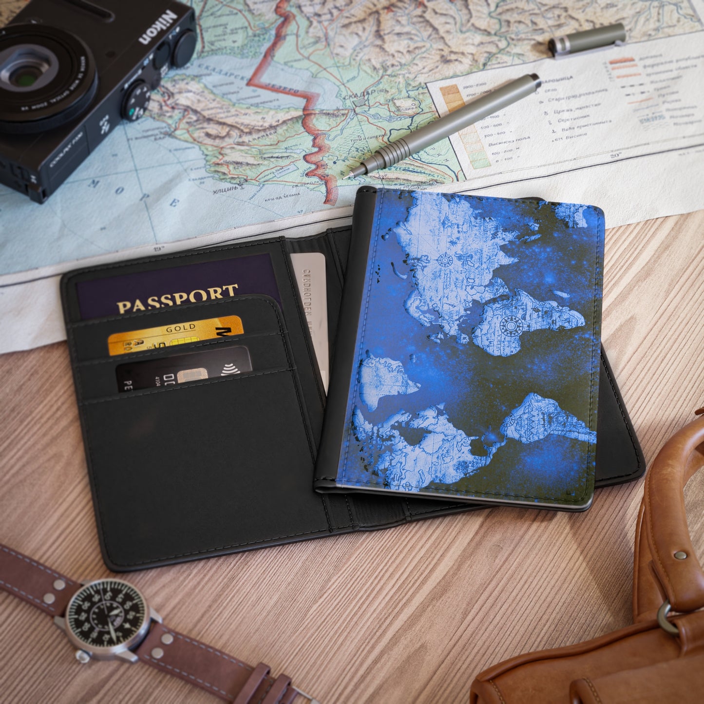 Blue World Map Passport Cover