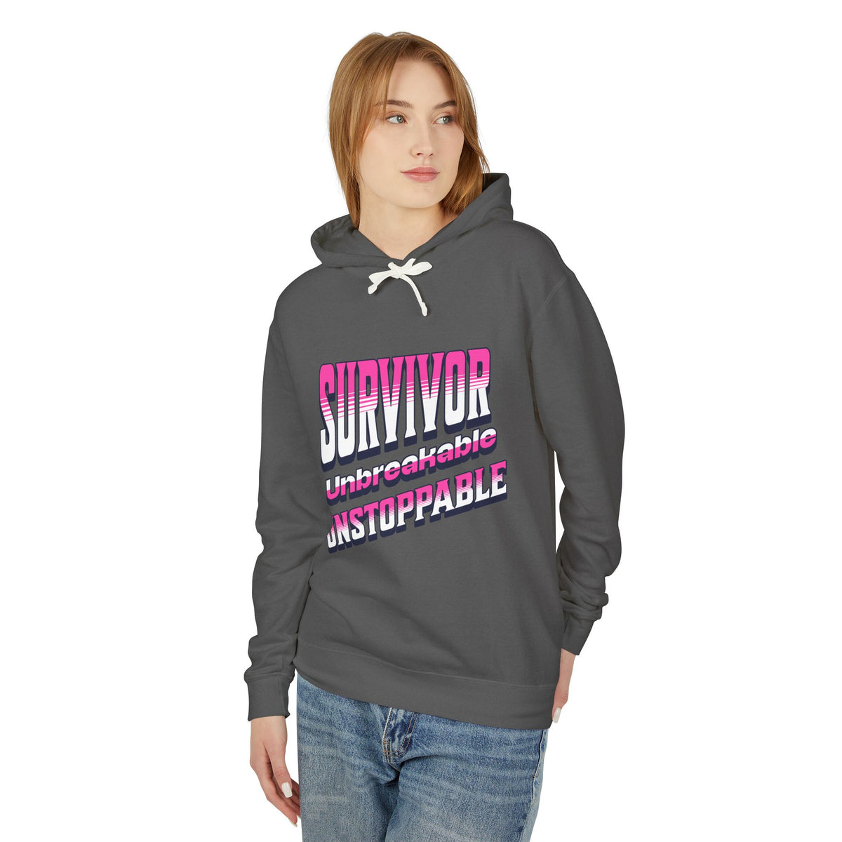 Survivor, Unbreakable, Unstoppable - Breast Cancer Survivor Lightweight Hooded Sweatshirt