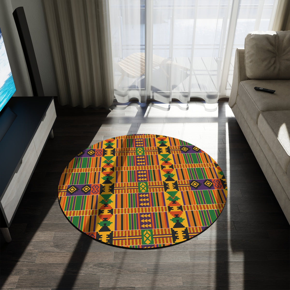 Kente Pattern Round Rug — African-Inspired Geometric Floor Mat