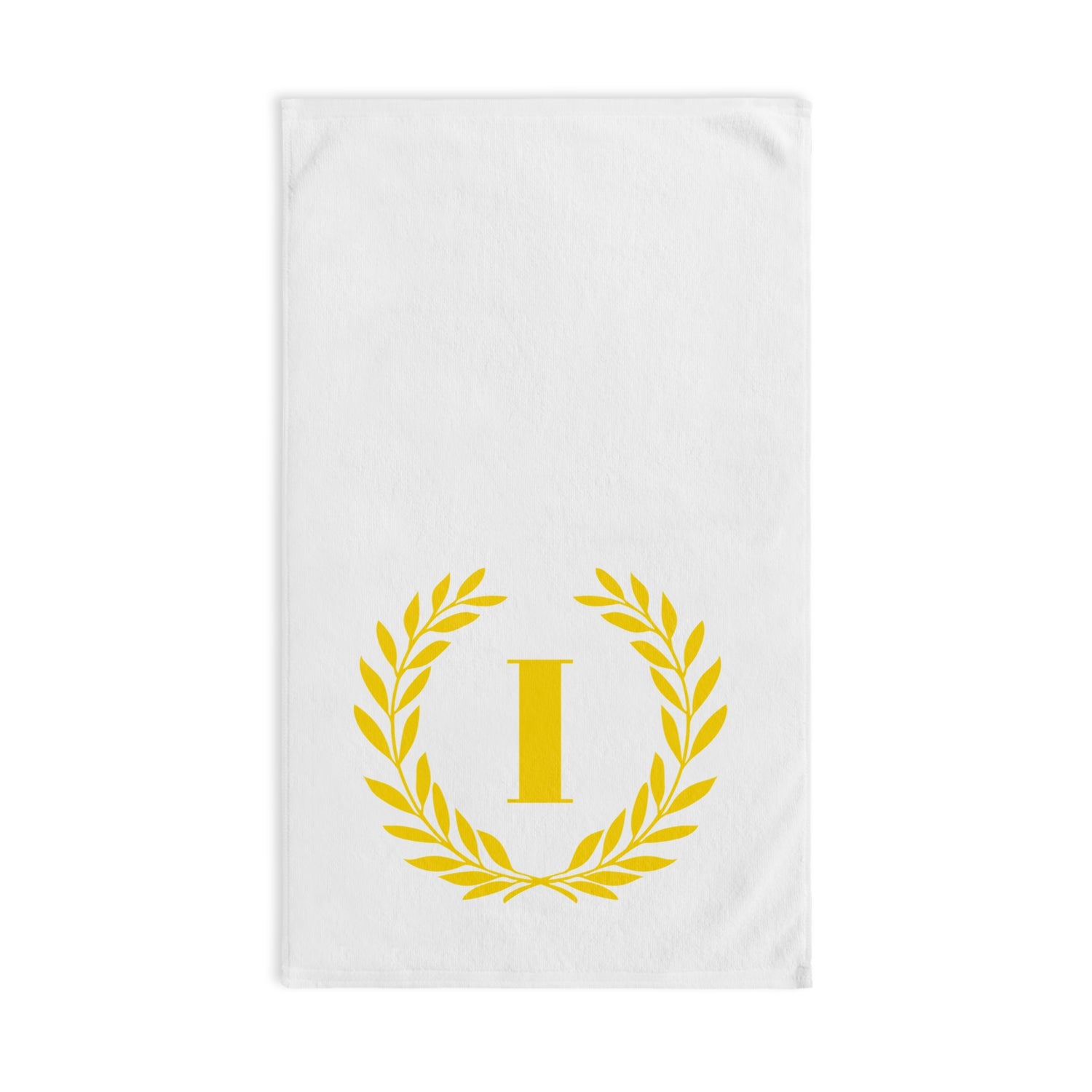 Elegant letter "I" Gold Laurel Monogram White Hand Towel