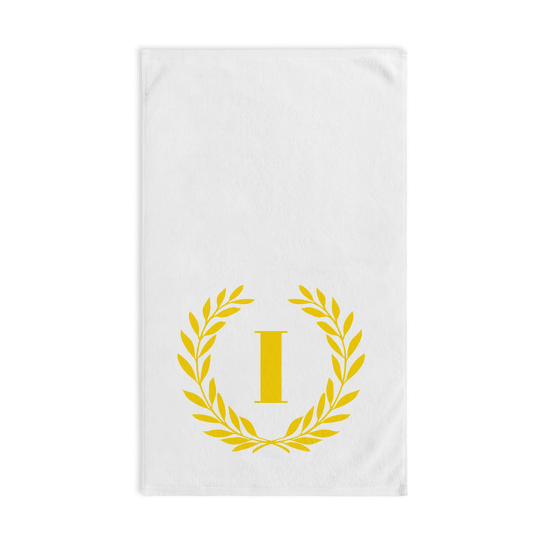 Elegant letter "I" Gold Laurel Monogram White Hand Towel