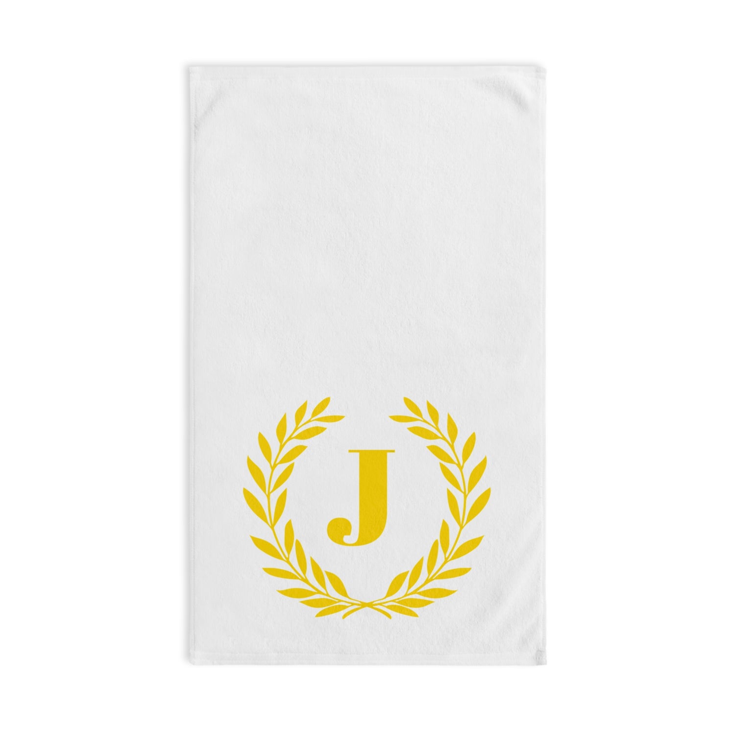 Elegant letter "J" Gold Laurel Monogram White Hand Towel