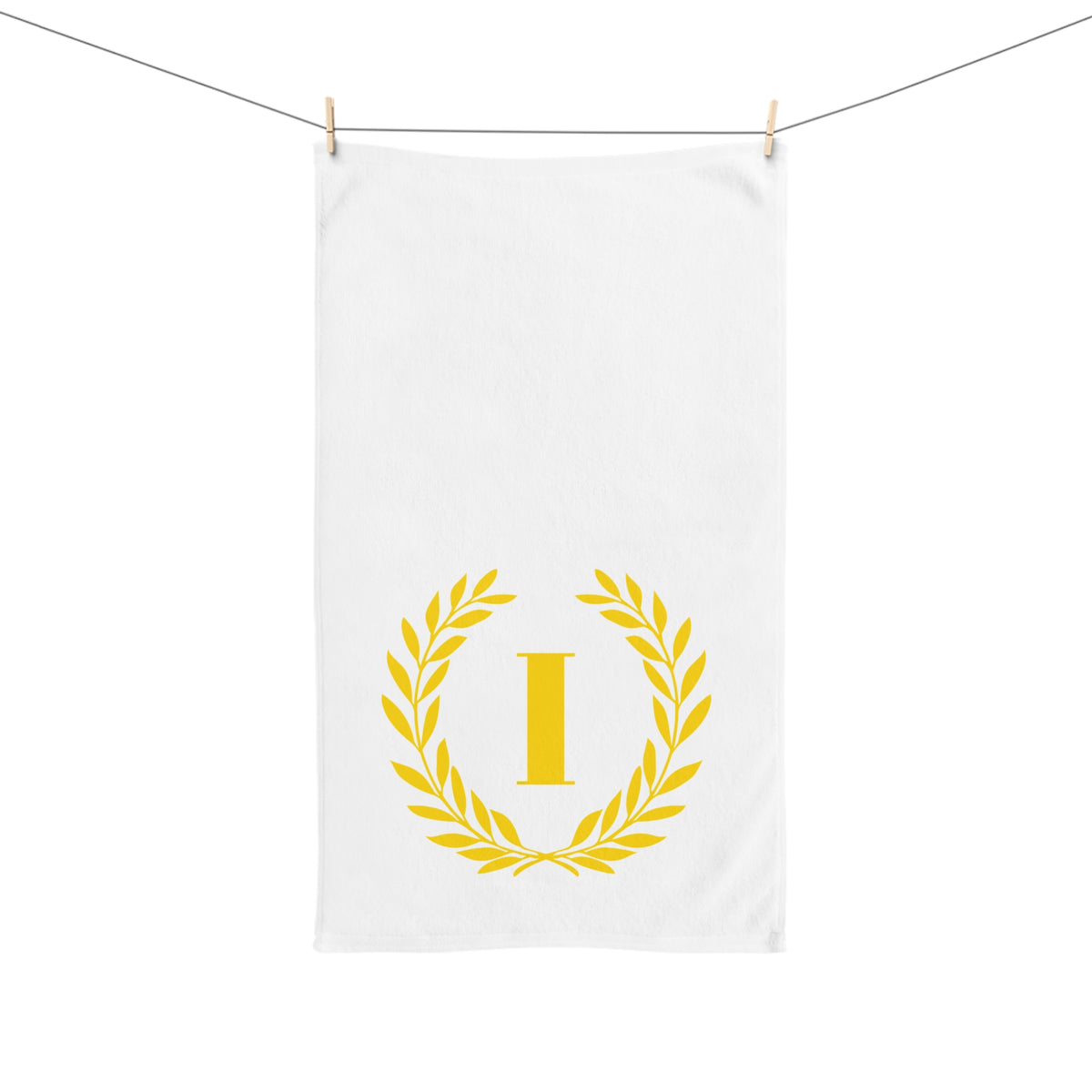 Elegant letter "I" Gold Laurel Monogram White Hand Towel