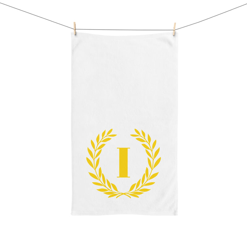 Elegant letter "I" Gold Laurel Monogram White Hand Towel