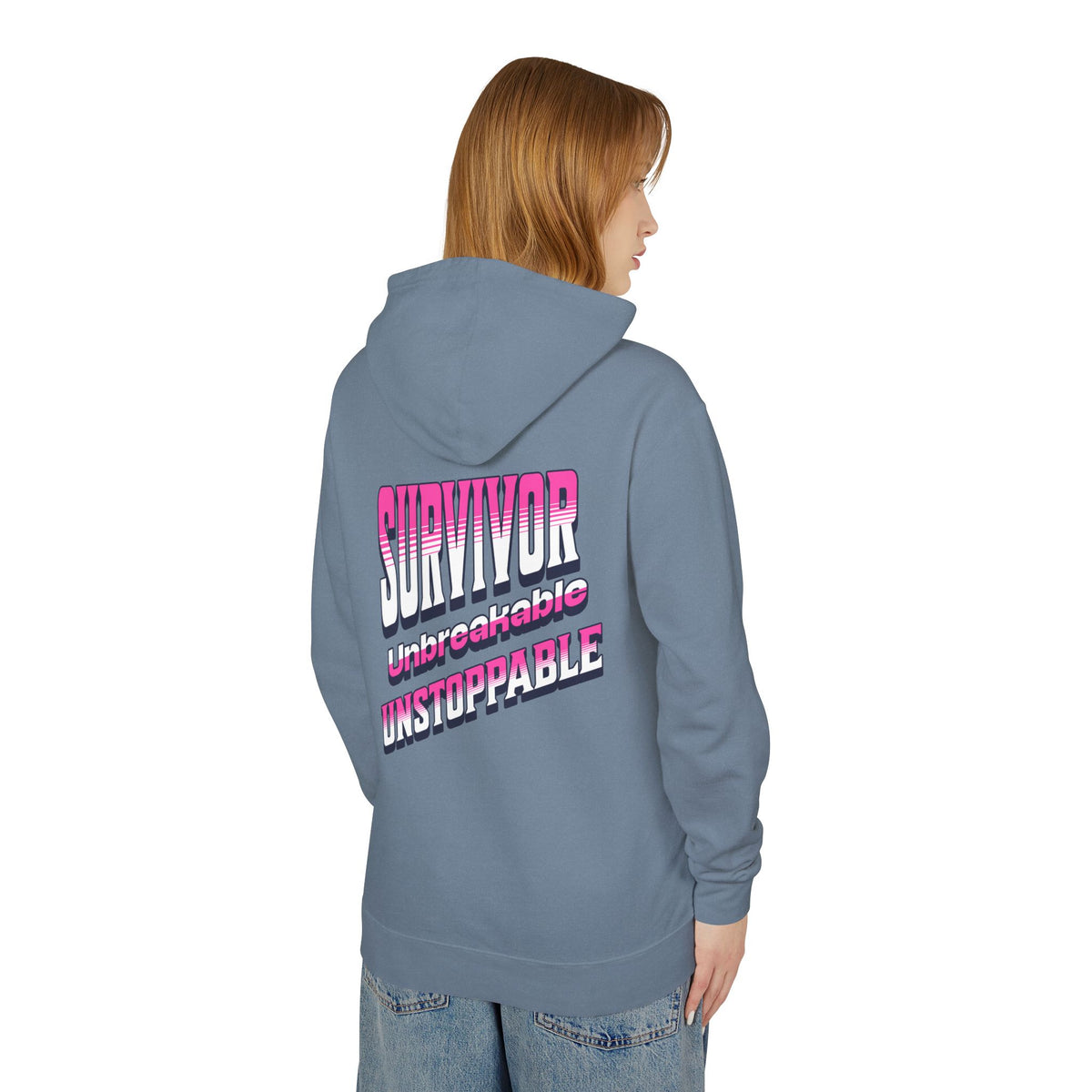 Survivor, Unbreakable, Unstoppable - Breast Cancer Survivor Lightweight Hooded Sweatshirt