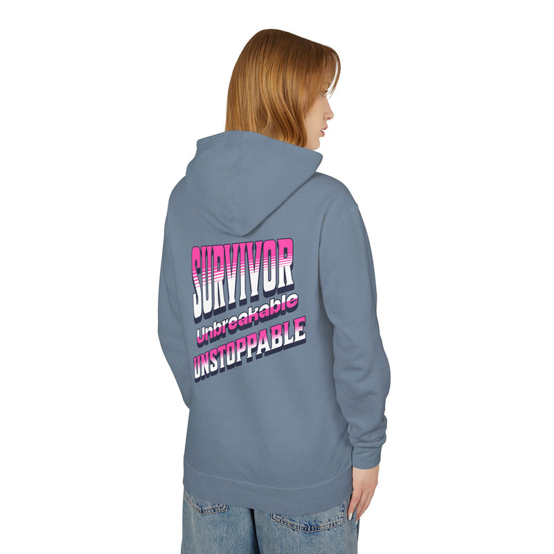 Survivor, Unbreakable, Unstoppable - Breast Cancer Survivor Lightweight Hooded Sweatshirt