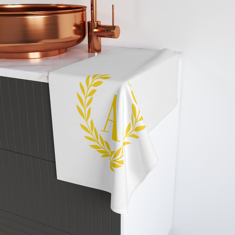 Elegant letter "A" Gold Laurel Monogram White Hand Towel