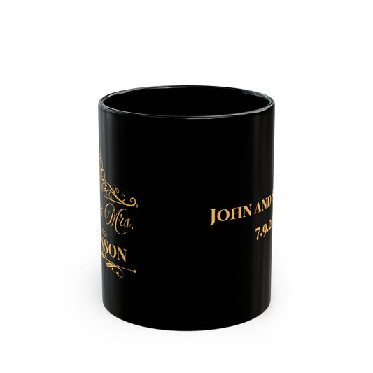 Personalized Mr. & Mrs. Wedding Date Black Mug — Custom Names & Date (11oz/15oz)