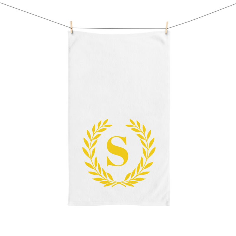 Elegant letter "S" Gold Laurel Monogram White Hand Towel